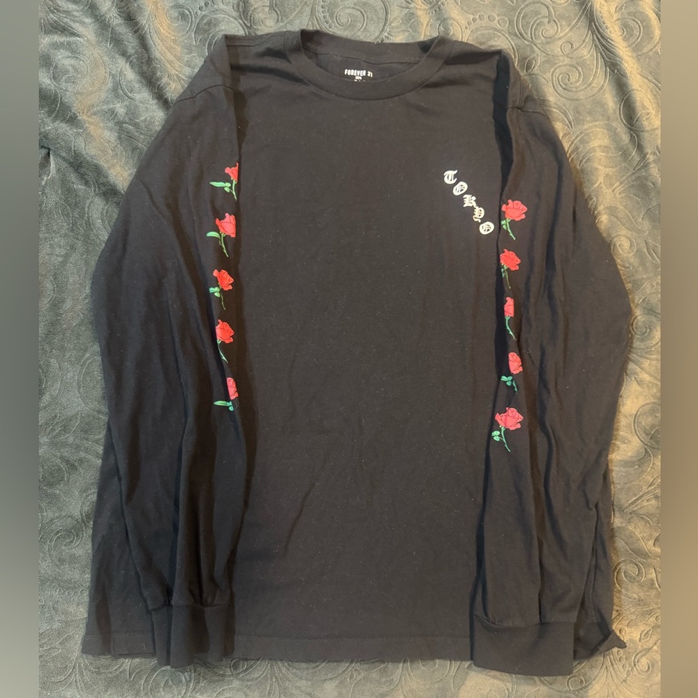 Black Long Sleeve Shirt with Red Rose Embroidery for Men.